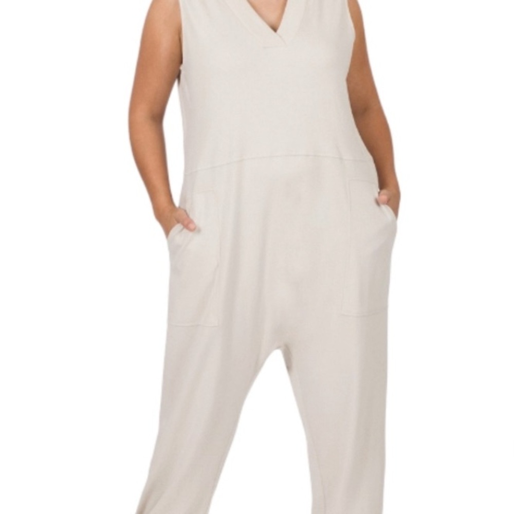 Zenana Plus Size Bone Sleeveless Harem Jumpsuit. New in pkg